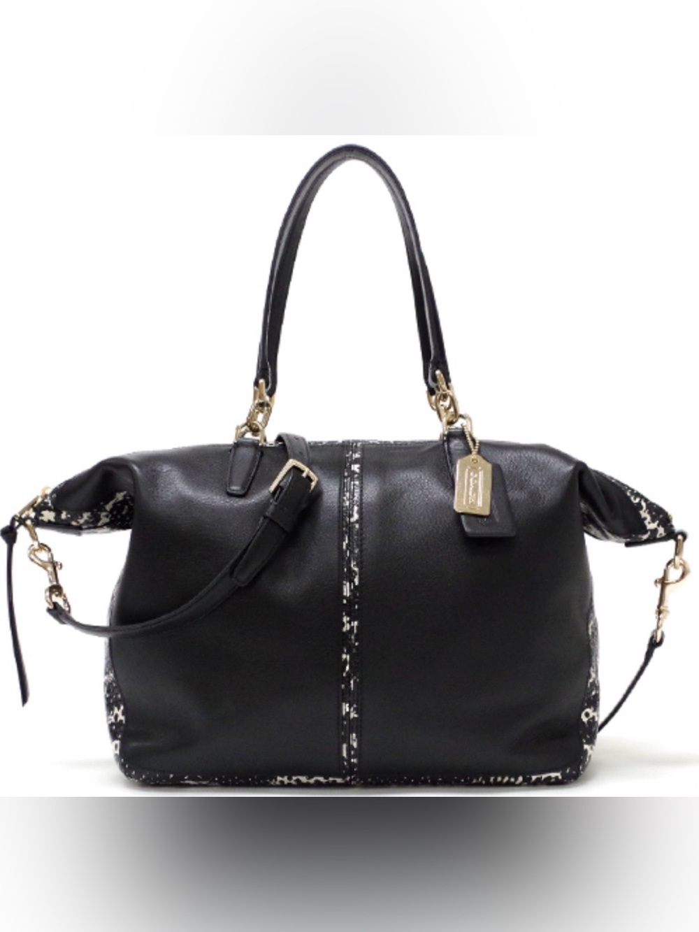 Coach Bleeker Cooper Italian Leather Black Satchel Snakeskin Trim 18x10x6” Purse